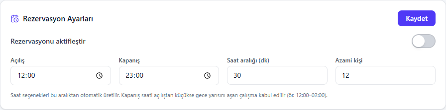Rezervasyon ayarları bölümü