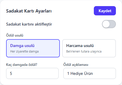 Sadakat kartı ayarları