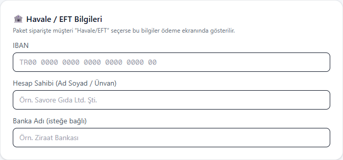 Havale / EFT bilgileri alanları