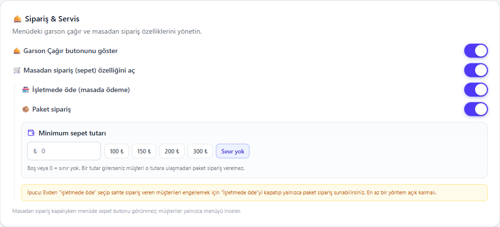 Orders and service settings section