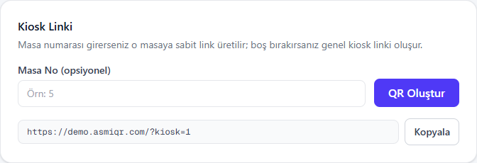 Kiosk linki oluşturma alanı