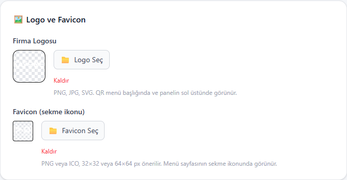 Logo ve favicon yükleme alanı